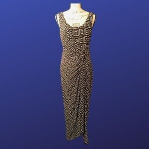 LAUREN RALPH LAUREN Maxi Dress, KNOTTED WAIST, Brown/Cream Geometric, NWT, 10